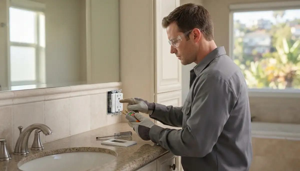 Electrician installs GFCI outlet for bathroom wet-area protection in Hollywood, FL