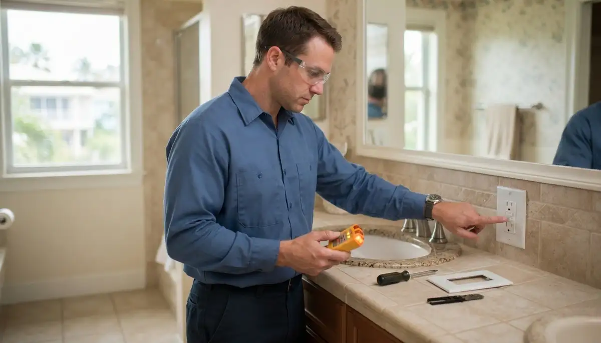 Electrician installs a GFCI outlet for wet-area protection in a Fort Lauderdale, FL home