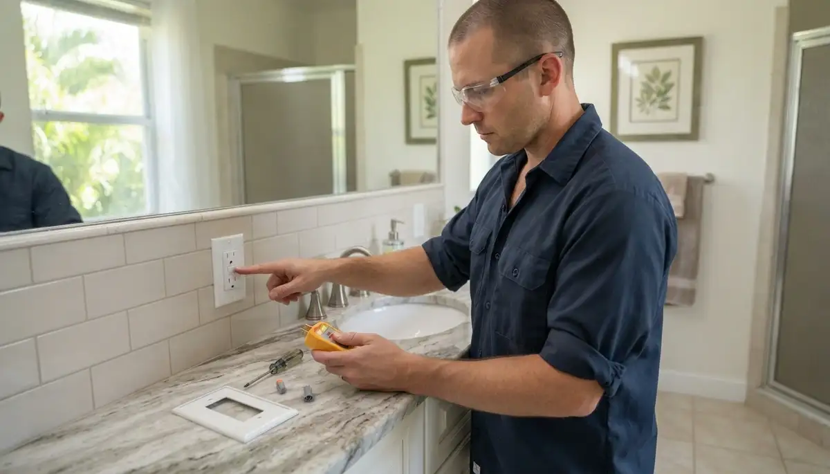 GFCI outlet providing ground-fault protection near a bathroom sink in Plantation, FL