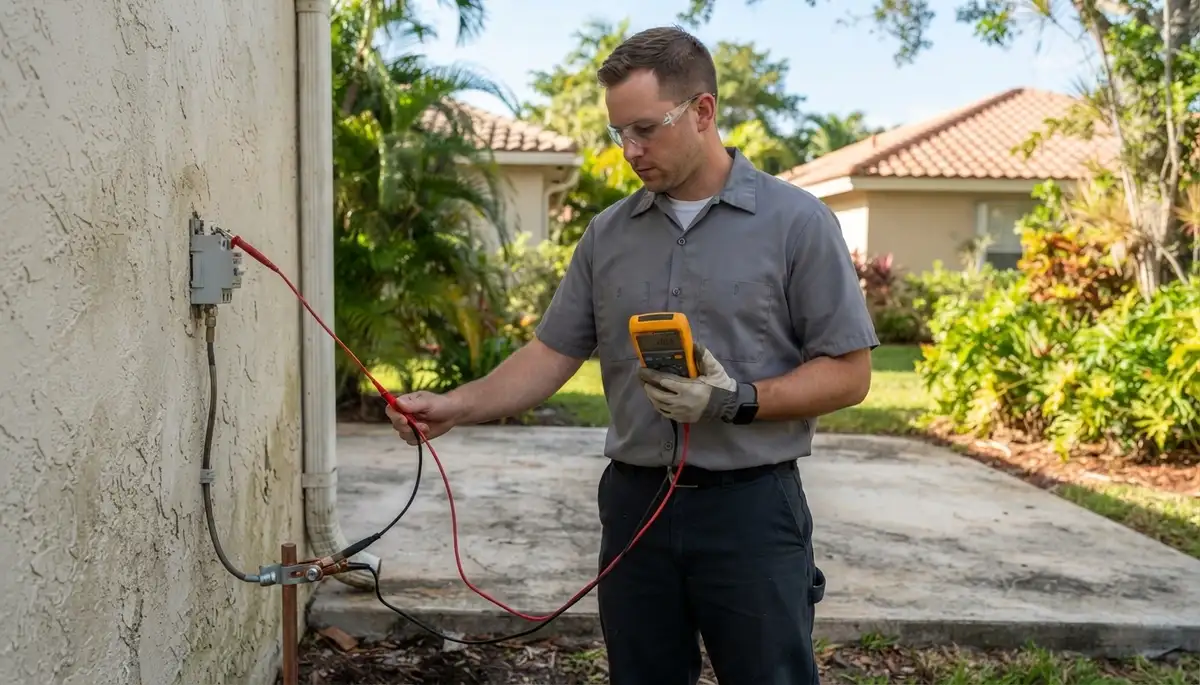 Electrician in Fort Lauderdale, FL testing a surge protection ground path with a continuity meter and extended leads