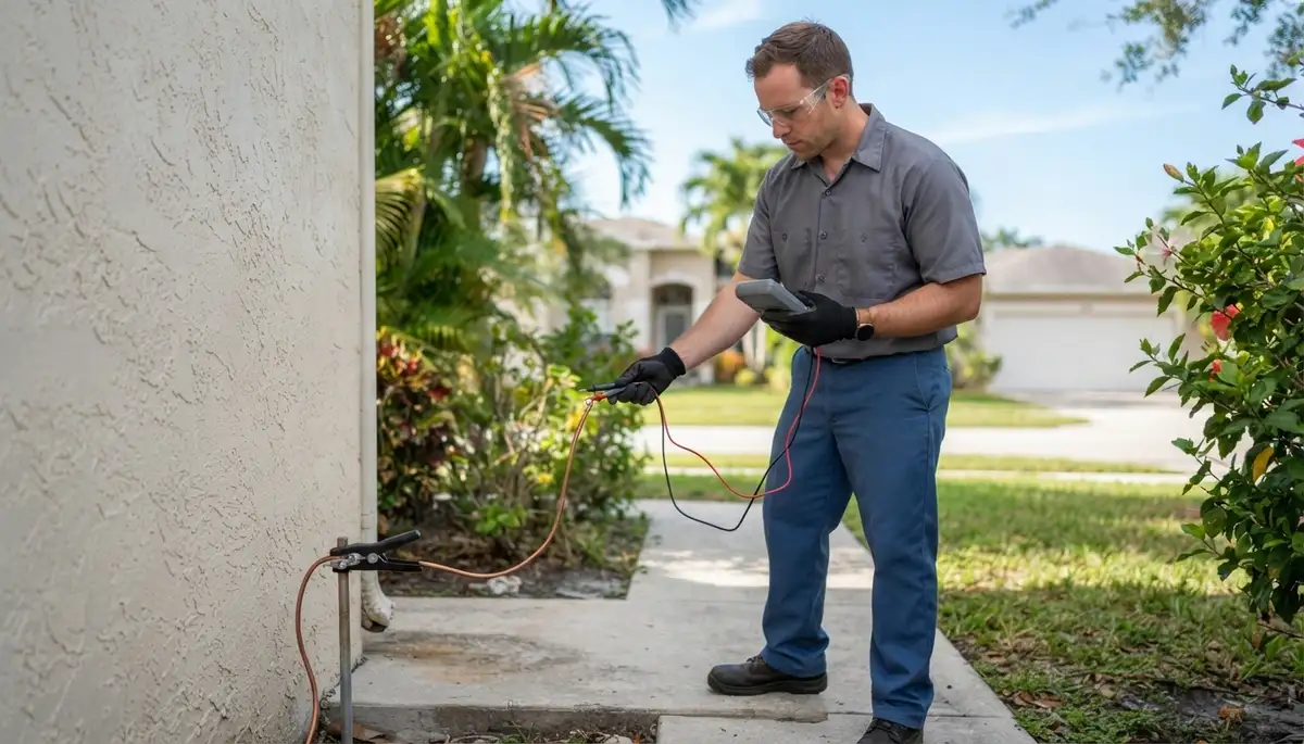 Fort Lauderdale electrician using a multimeter to verify service grounding and voltage at meter terminals