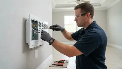 Electrician wiring a dedicated circuit to a wall-mounted heater in a Fort Lauderdale, FL home