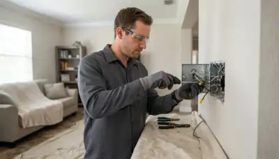 Fort Lauderdale electrician performing residential circuit work with furniture and floors protected by drop cloths