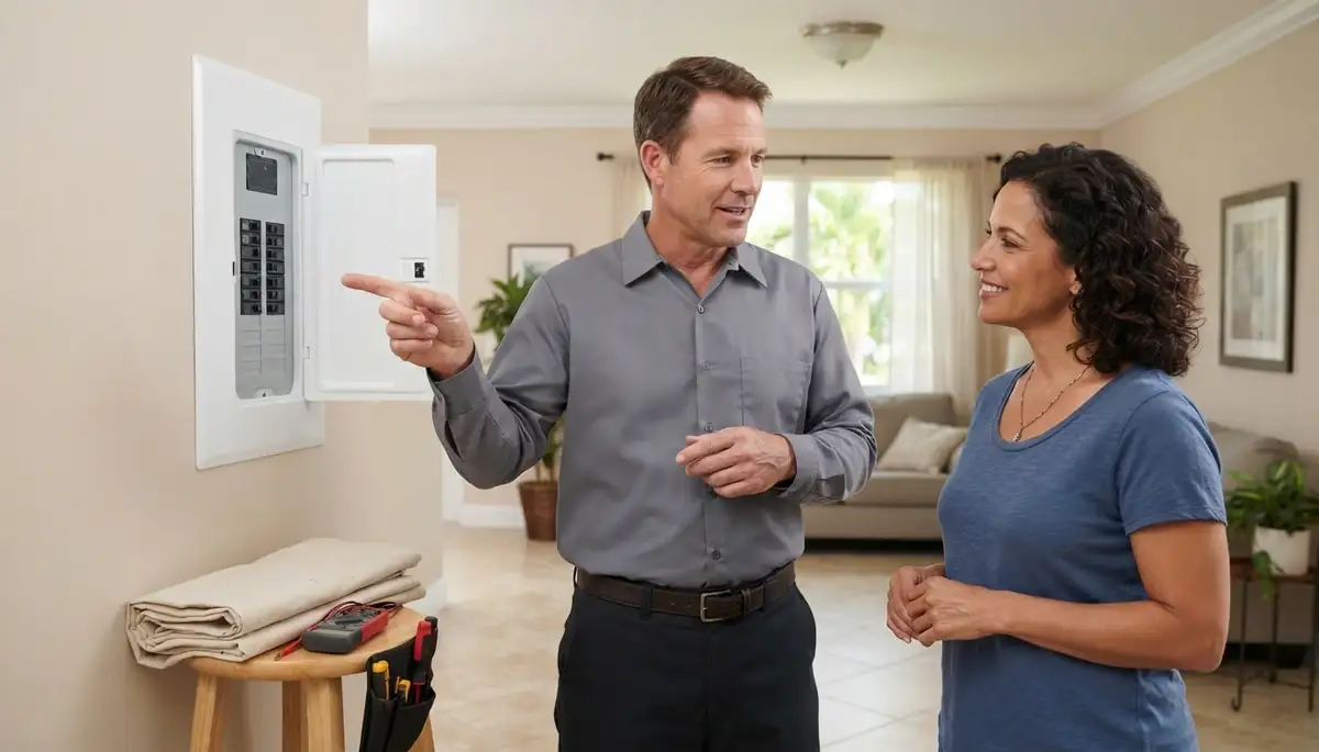 Fort Lauderdale electrician explains completed residential electrical work to homeowner in a tidy room