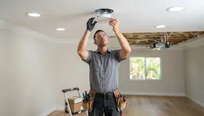 Electrician installing recessed lighting trim flush with ceiling in a Fort Lauderdale, FL home