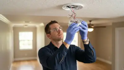 Electrician wiring an interconnected smoke detector on a ceiling in a Fort Lauderdale, FL home