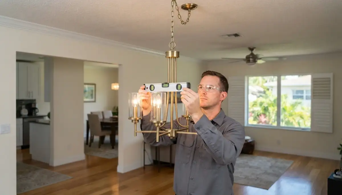 Electrician levels chandelier and tests dimmer after installation in Fort Lauderdale, FL