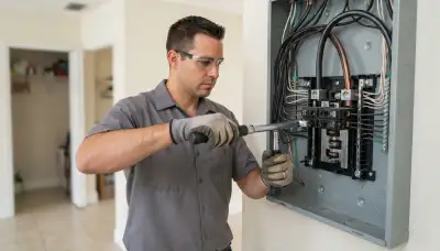 Electrician torques feeder conductors in a load center during panel installation in Fort Lauderdale, FL
