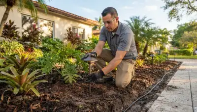 Electrician installing low-voltage landscape lighting fixtures in a Fort Lauderdale, FL residential yard
