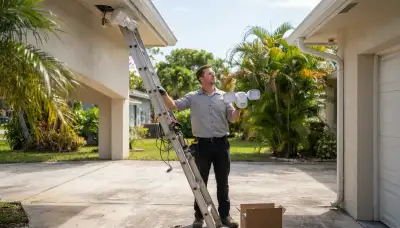 Electrician installing a motion-sensor security light on a Fort Lauderdale, FL garage eave