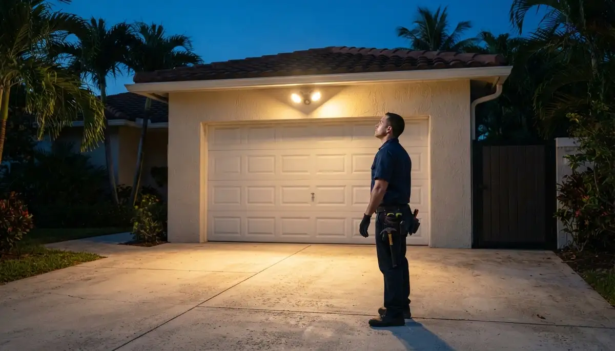 Electrician verifies motion security light coverage along a driveway in Fort Lauderdale, FL