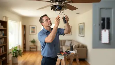 Electrician replacing a ceiling fan capacitor and reconnecting wiring in Fort Lauderdale, FL