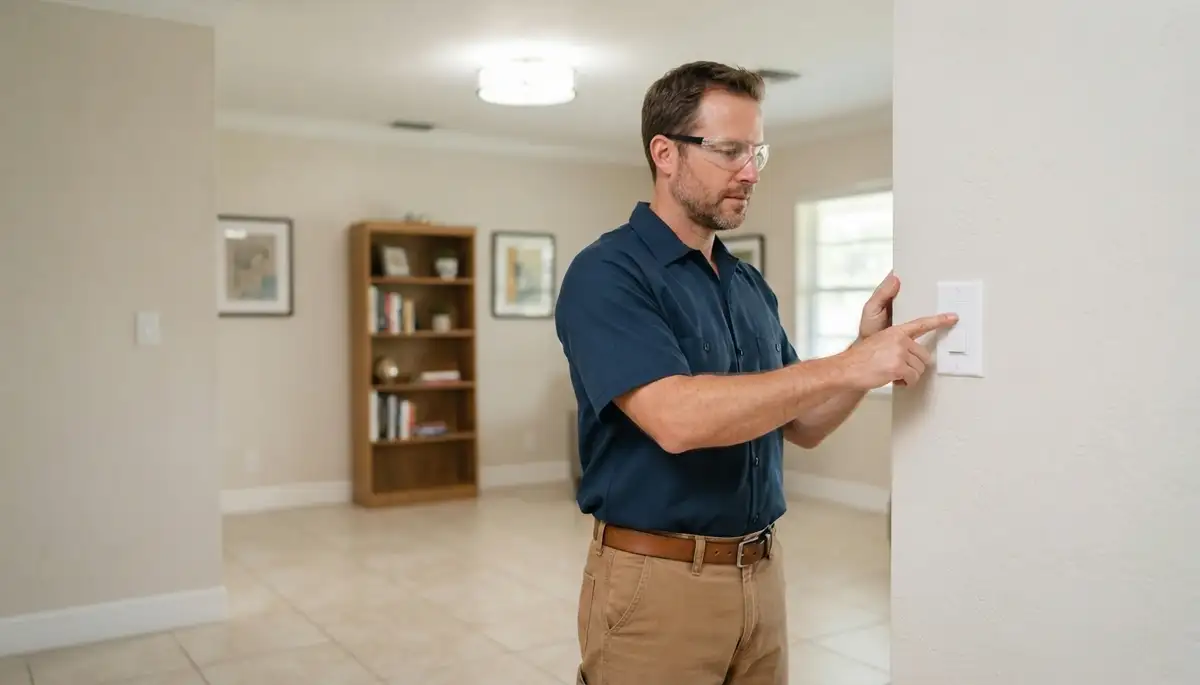 Fort Lauderdale electrician tests a repaired light switch and confirms the light operates properly