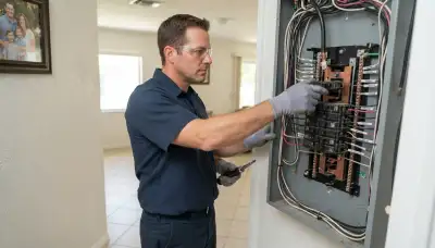 Licensed electrician seating a circuit breaker in a de-energized electrical panel in Fort Lauderdale, FL