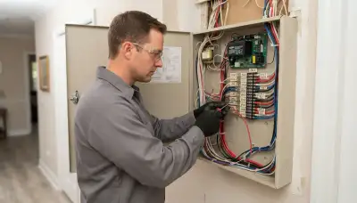 Technician wiring labeled fire alarm zones in a control panel for a Fort Lauderdale, FL home
