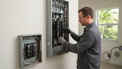 Electrician upgrading an electrical panel in an older Dania Beach, FL home