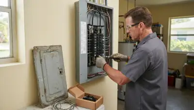 Electrician installing a new electrical panel in an older Dania, FL home