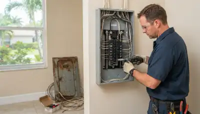 Electrician upgrading an older home's electrical panel to 200 amps in Deerfield Beach, FL