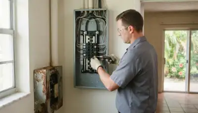 Electrician upgrading an electrical panel in an older Hallandale Beach, FL home