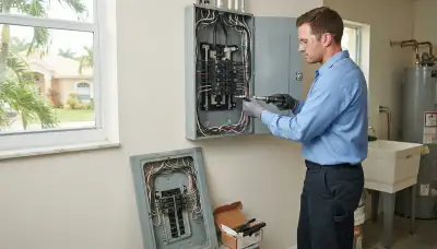 Electrician upgrading an electrical panel in an older Hallandale, FL home