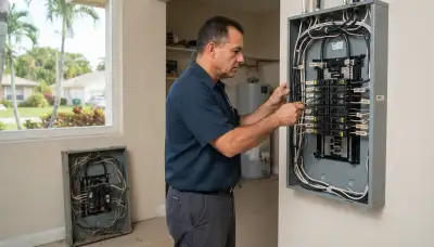 Electrician upgrading an electrical panel in an older Hialeah Gardens, FL home