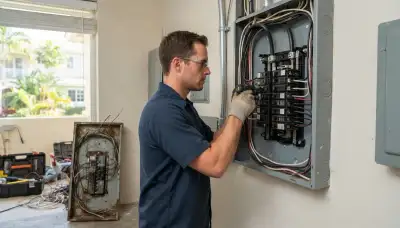 Electrician upgrading an electrical panel in an older Lauderdale-by-the-Sea, FL home