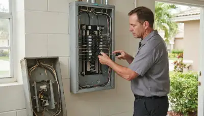 Electrician upgrading an older home's electrical panel to 200 amps in Medley, FL