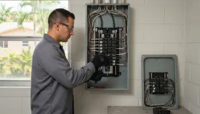Electrician upgrading an outdated electrical panel in an older Opa-locka, FL home
