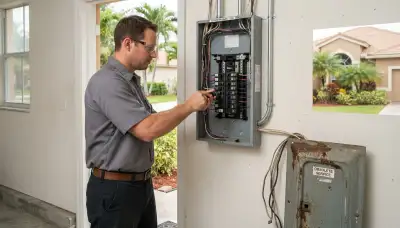 Electrician installing a 200-amp electrical panel in an older Pembroke Pines, FL home
