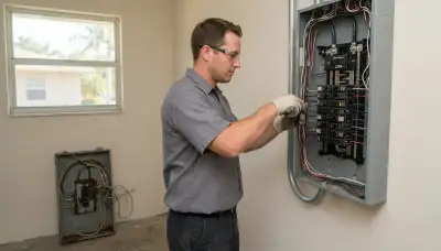 Electrician upgrading an electrical panel in an older Pompano Beach, FL home