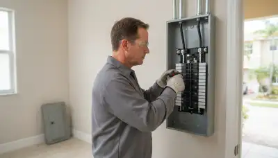 Electrician installing a 200-amp electrical panel upgrade in an older Sunny Isles Beach, FL home