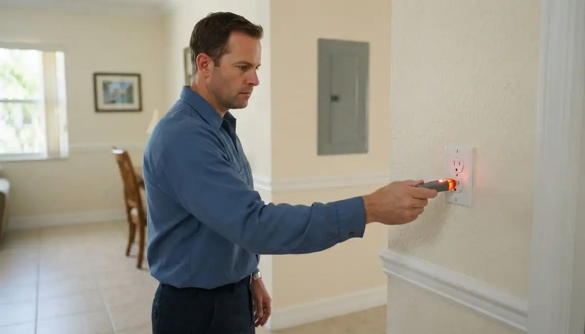 Electrician tests a restored receptacle after electrical repair in Fort Lauderdale, FL