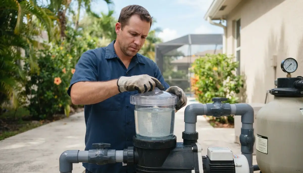 Technician closing a pool pump strainer lid during flow verification in Fort Lauderdale, FL