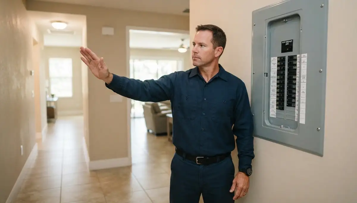 Electrician in Fort Lauderdale, FL verifies a completed electrical panel during a final project walkthrough
