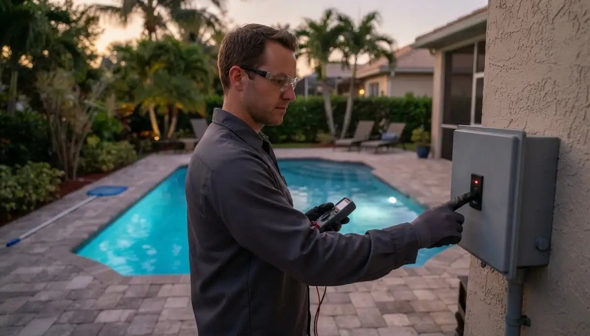 Fort Lauderdale, FL electrician tests pool light GFCI protection at deck panel beside an illuminated pool
