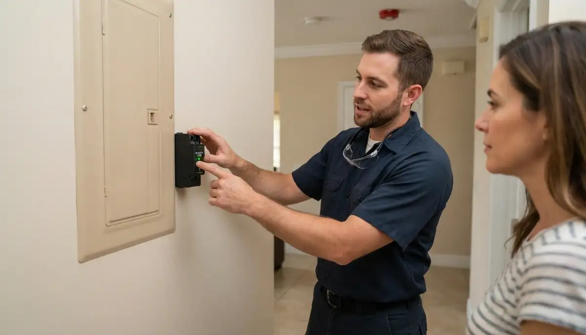 Fort Lauderdale electrician points to a whole-home surge protection status indicator on a closed electrical panel