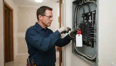 Fort Lauderdale electrician performing electrical repair with gloves, secured circuit, and lockout tag