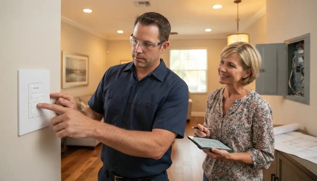 Fort Lauderdale, FL electrician tests programmable lighting scenes with homeowner and adjusts light levels