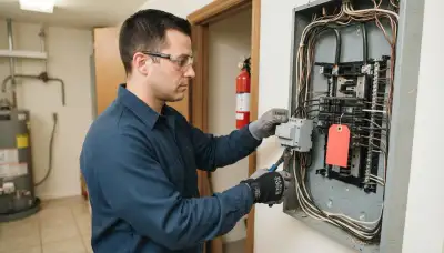 Electrician installs a whole-home surge protector at an electrical panel in Fort Lauderdale, FL