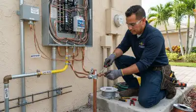 Electrician bonding plumbing and gas lines with surge protection at a Fort Lauderdale, FL service entrance