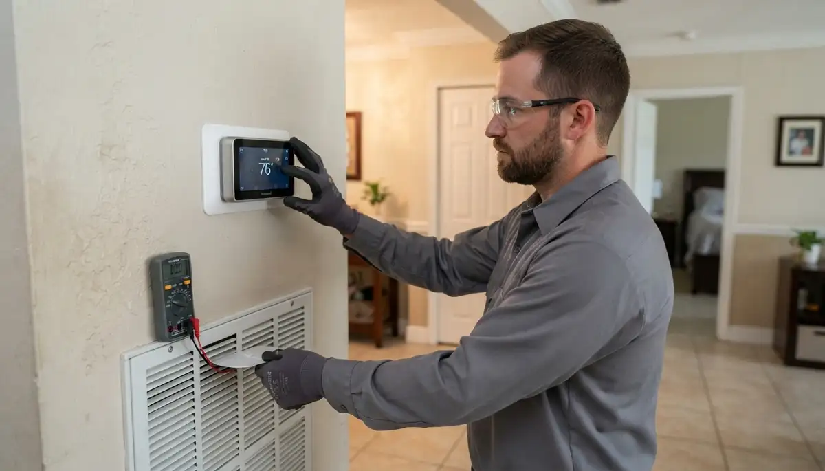Technician tests heating and cooling cycles on a new thermostat in Fort Lauderdale, FL