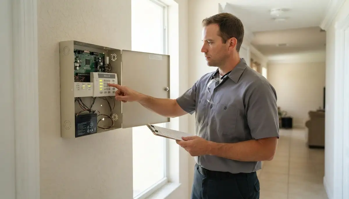 Technician testing fire alarm control panel zones during a Fort Lauderdale, FL home walkthrough