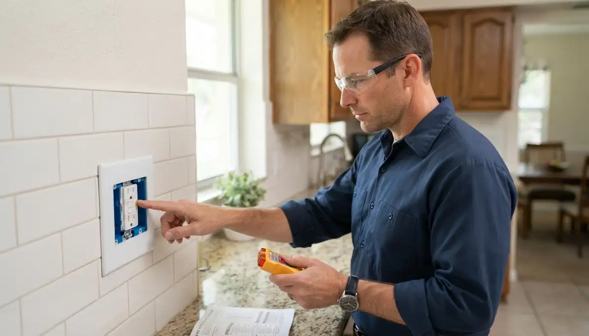 Electrician presses test button on newly installed GFCI outlet in Fort Lauderdale, FL