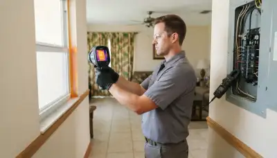 Fort Lauderdale, FL electrician uses thermal camera to scan window during home energy audit and measure circuit loads.