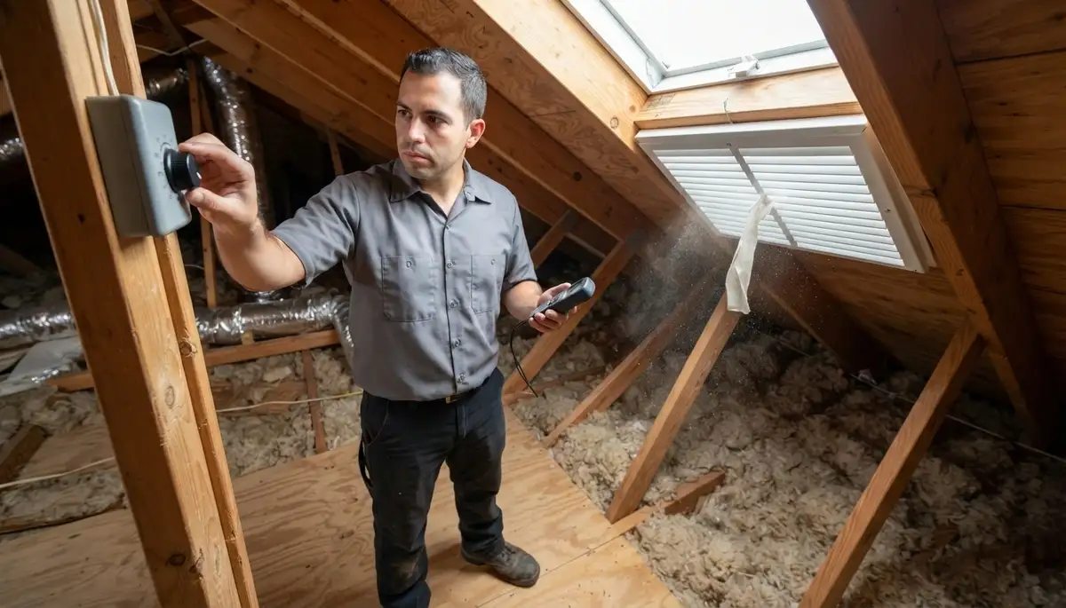 Electrician adjusting attic fan thermostat while checking soffit airflow in Fort Lauderdale, FL