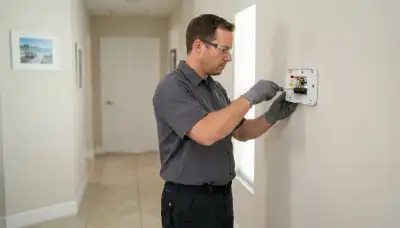 Electrician mounting and wiring a thermostat in a Fort Lauderdale, FL home