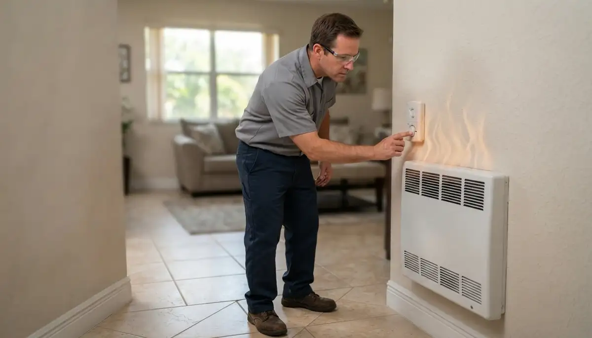Technician adjusts an electric heater thermostat and verifies warm airflow in a Fort Lauderdale, FL home