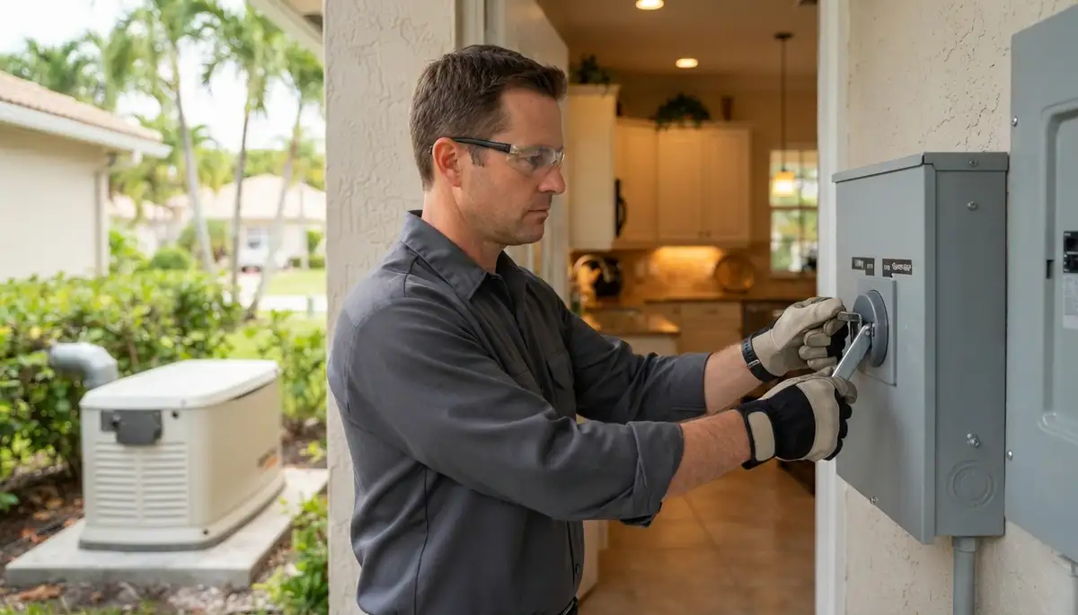 Fort Lauderdale, FL electrician tests a home generator transfer switch during a simulated power outage