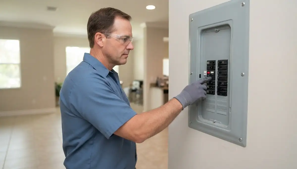 Electrician testing a newly installed GFCI breaker in a Fort Lauderdale, FL home.