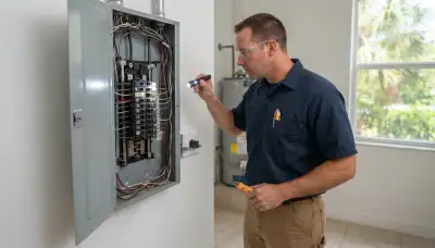 Electrician performing a whole-home electrical inspection in Fort Lauderdale, FL, checking panels, outlets, and groun...